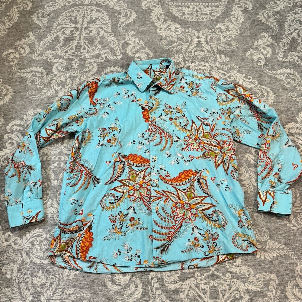 Alan Flusser Shirt Mens XL Turquoise Paisley Floral Long Sleeve Button-Up